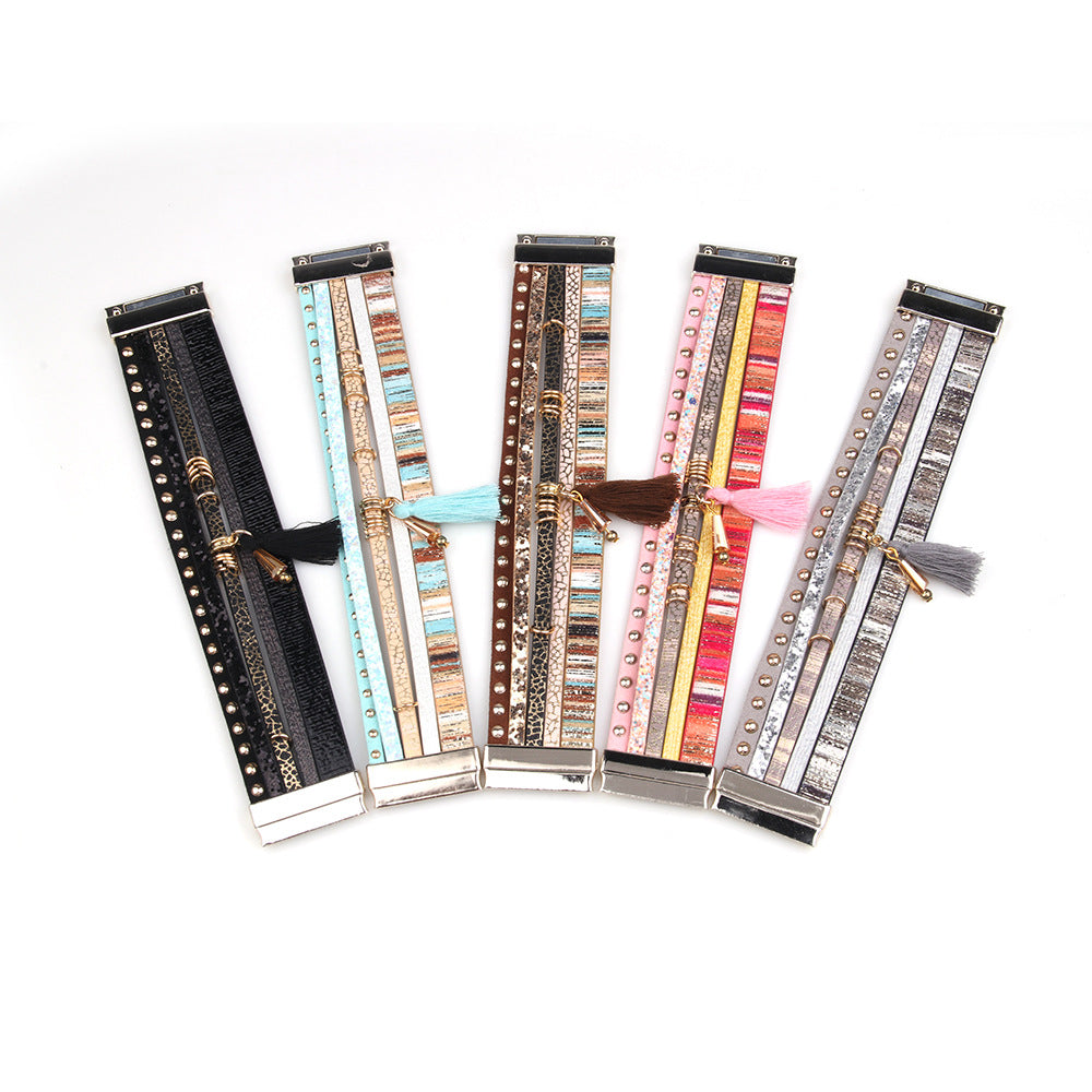 Wholesale Fashion Multi-layer Tassel Leather Magnetic Buckle Bracelet